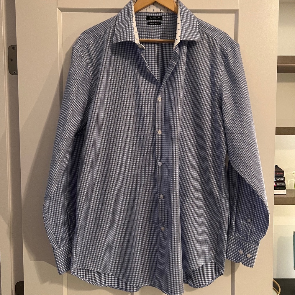 Men's Long Sleeve Button Down Dress Shirt, Blue and White Check, No Iron